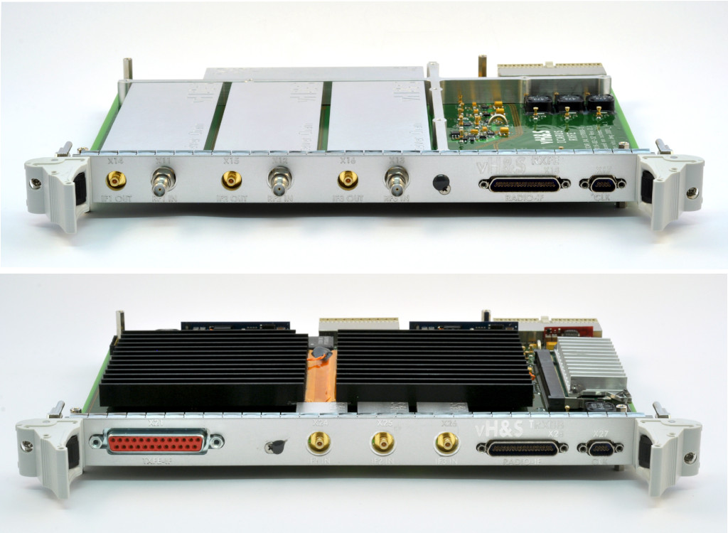 Modules from vH&S for the ICARUS project: Analog receiver front-end (top); Software-Defined Radio (SDR) processing hardware with two FPGAs (bottom).