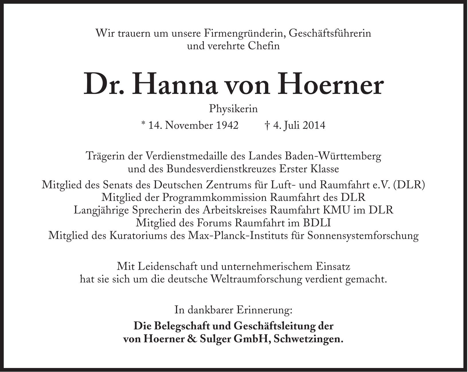 Obituary Hanna von Hoerner
